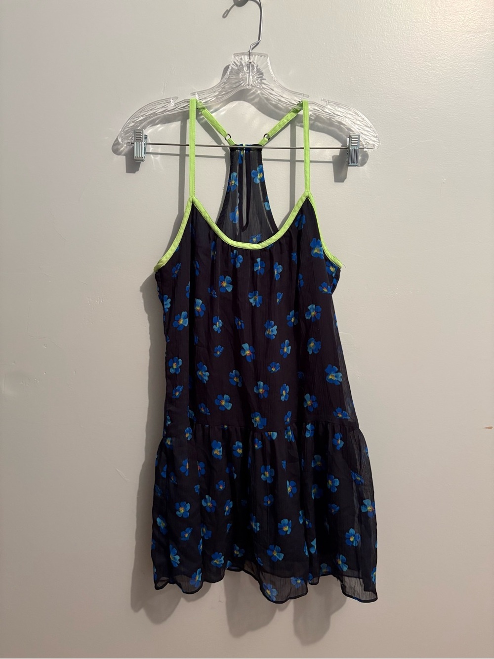 Hollister Navy Blue Lime Green Floral Y2K Summer Drop Waist Flounce Dress Medium